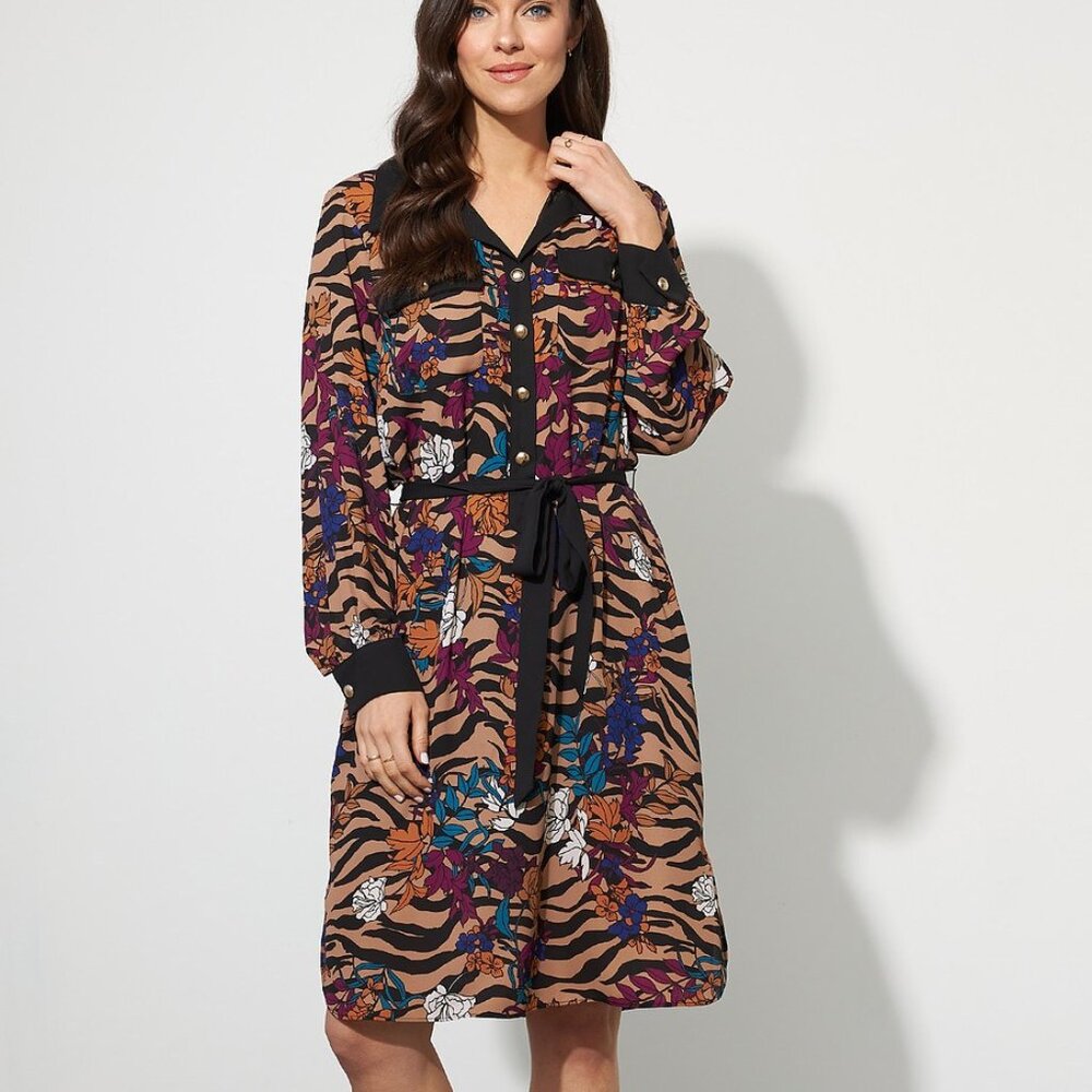 Joseph Ribkoff Women's Tiger Stripe Floral Shirt Dress, Size 4 New With Tags
